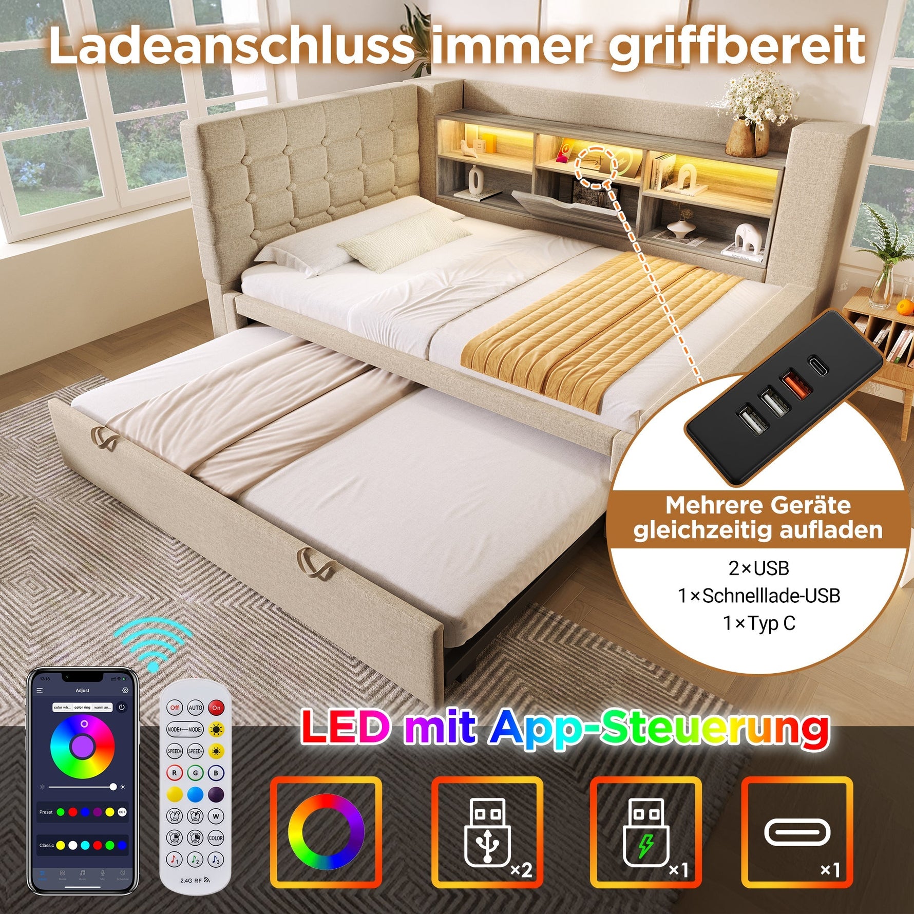Upholstered Bed 90x200cm Pull-Out Bed LED Storage Headboard - Linen Beige
