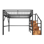 Loft Bed 140x200cm LED Storage Staircase - Black Iron Frame