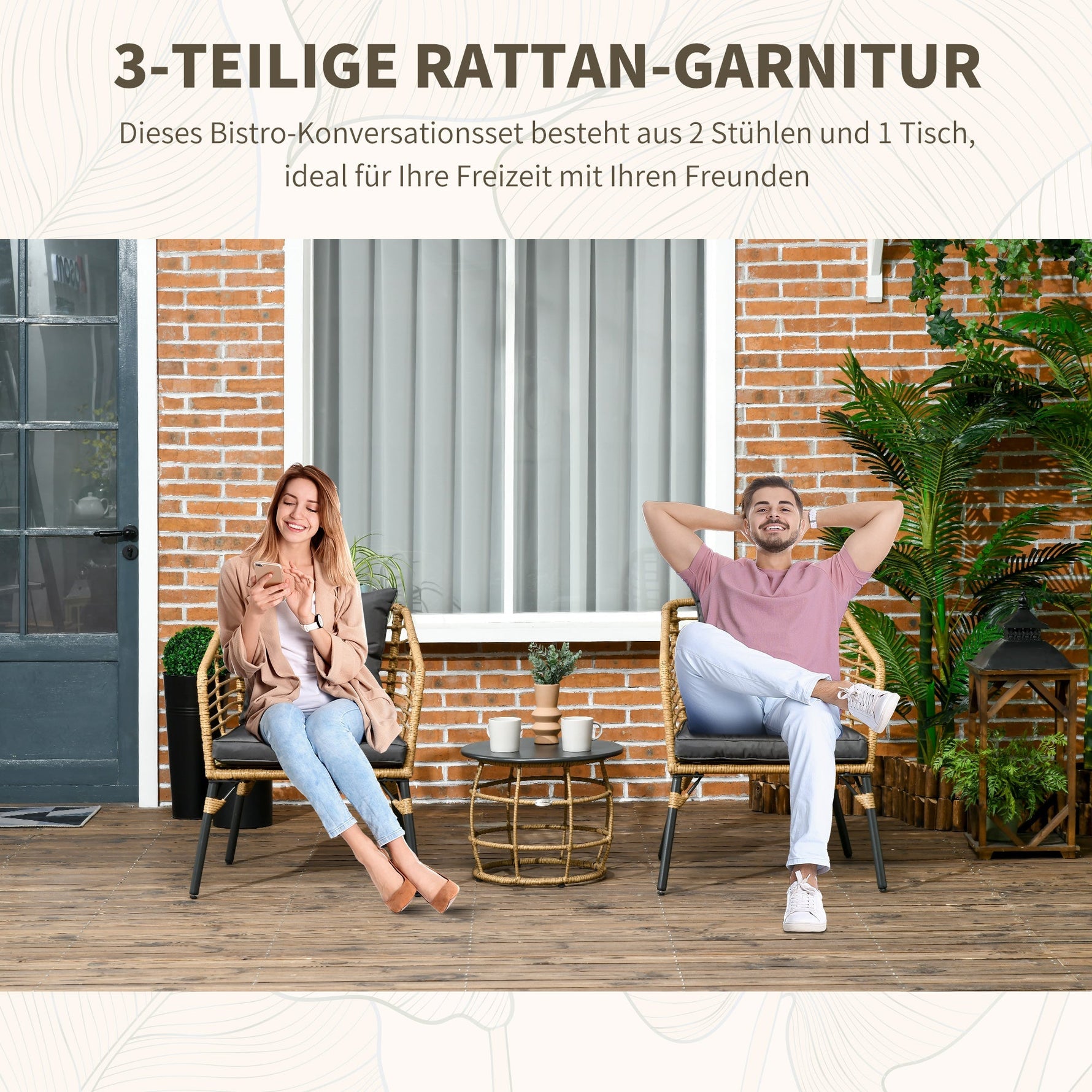 Rattan Garden Furniture Set, 3-Piece Bistro with Table & 2 Chairs, Sand/Dark Grey