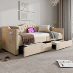 Upholstered Bed, Daybed Sofa Bed with USB C & 2 Drawers, 90x200cm Beige Velvet