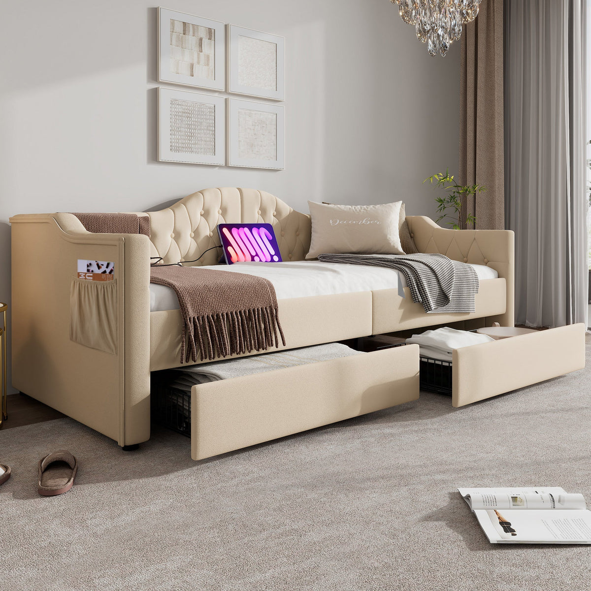 Upholstered Bed, Daybed Sofa Bed with USB C & 2 Drawers, 90x200cm Beige Velvet