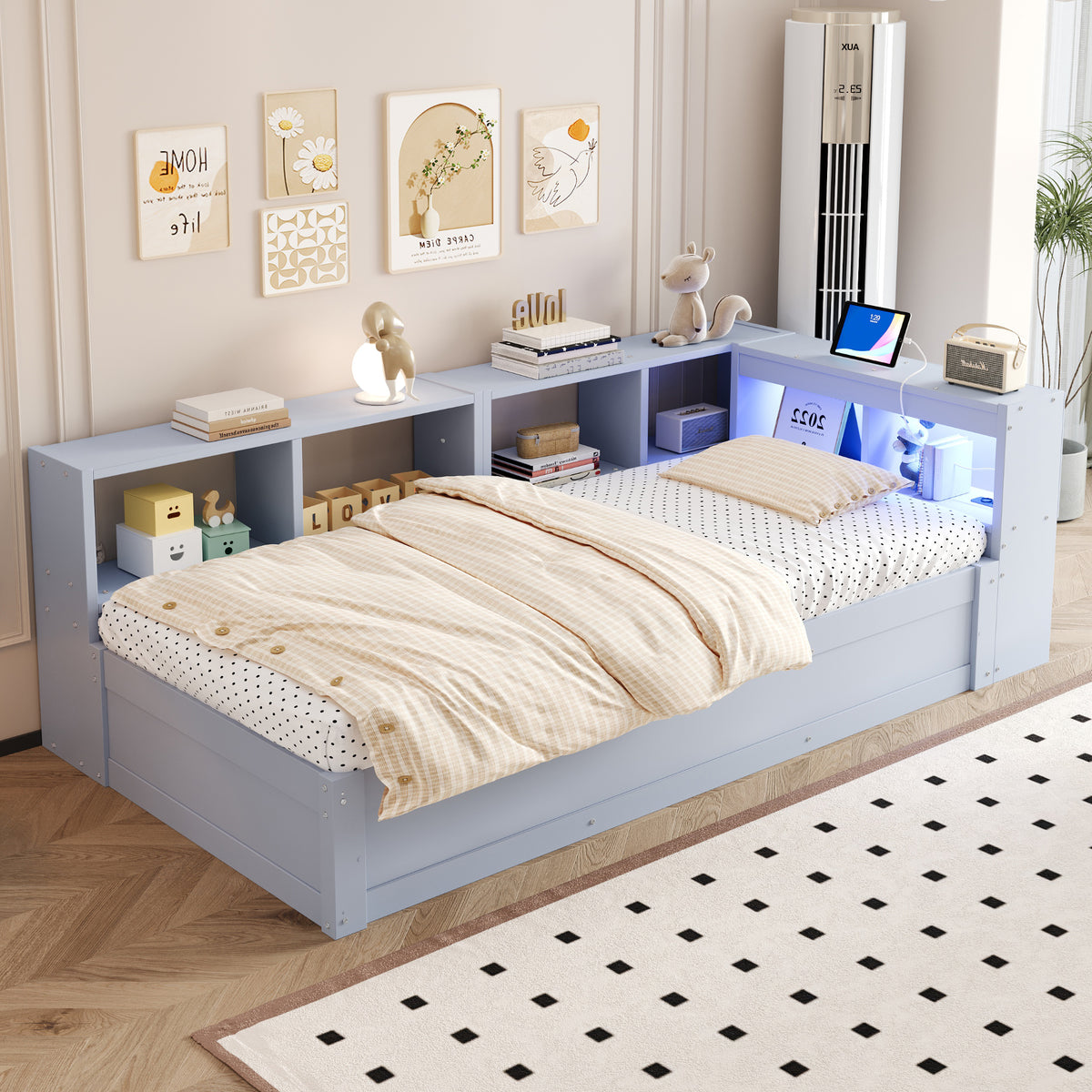 Sofa Bed 90x200cm with Storage, Socket & LED, Grey Wood
