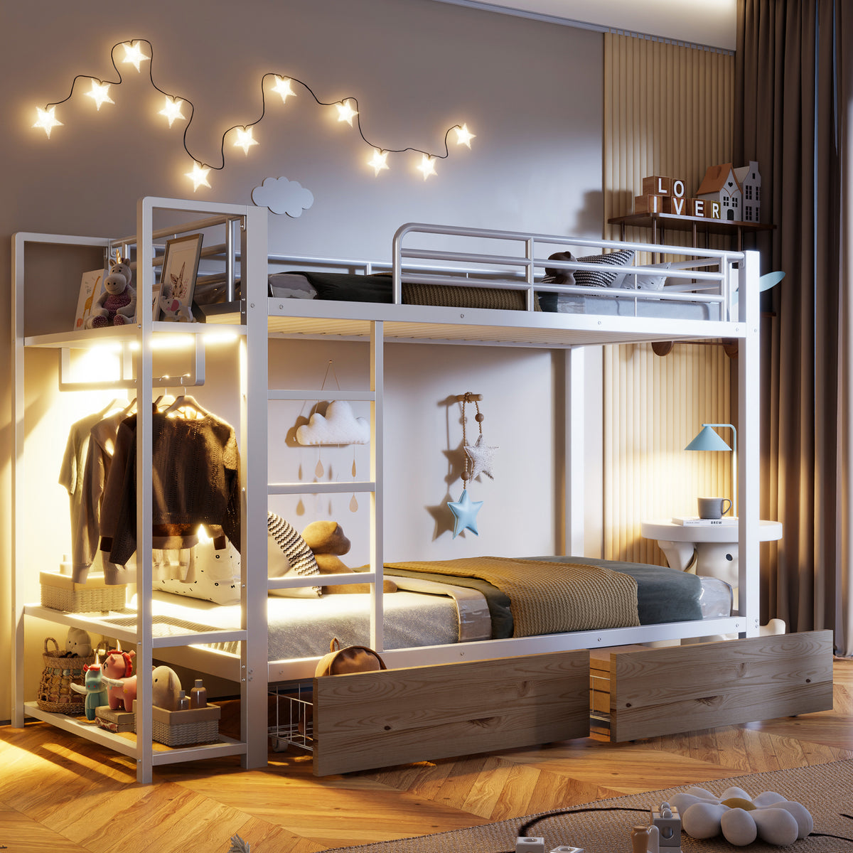 Bunk Bed 90x200 cm with Drawers & LED, White Iron Frame