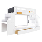 Bunk Bed with Storage Drawers, Safety Stairs, Desk and Star Motif, 90x200cm Solid Pine Wood, White