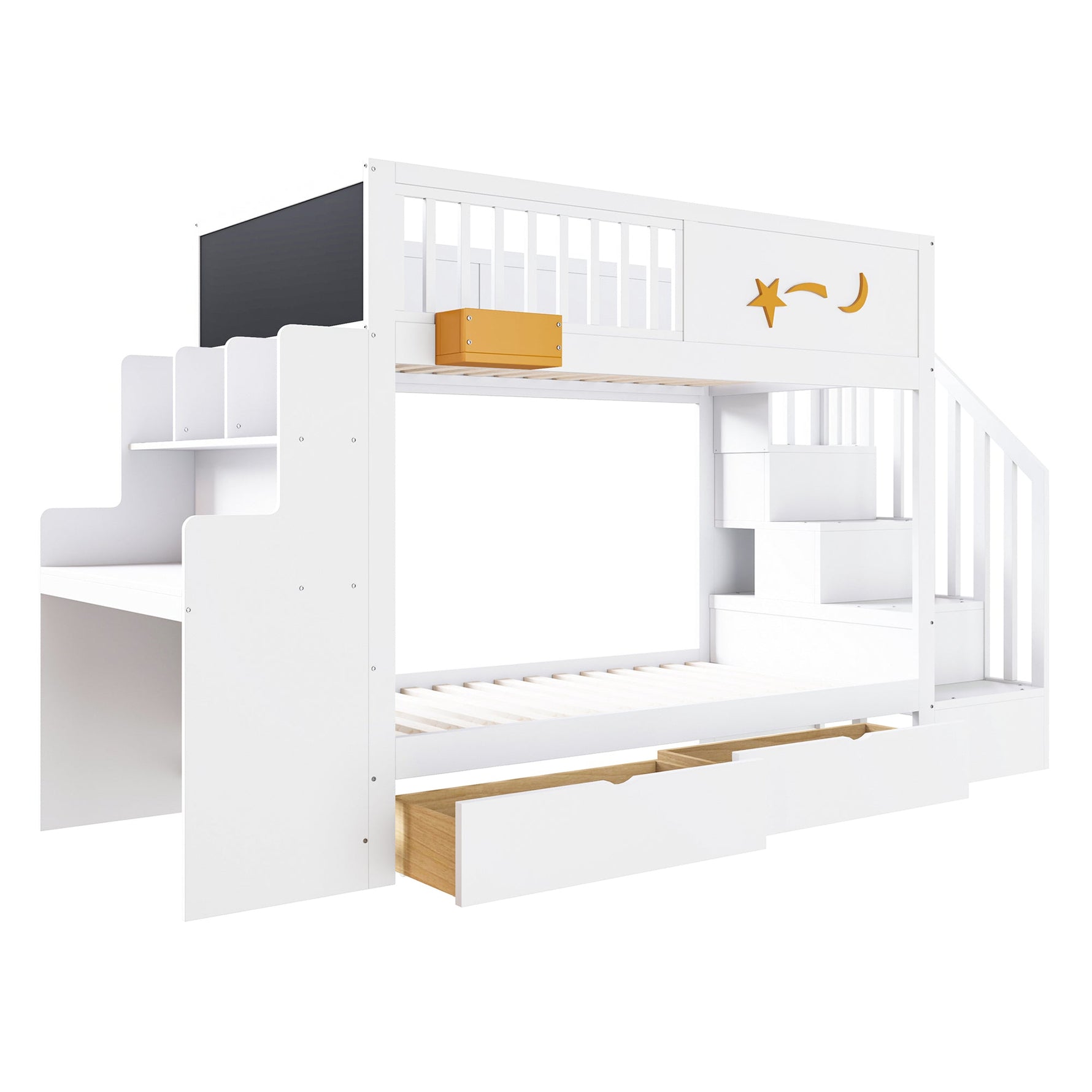 Bunk Bed with Storage Drawers, Safety Stairs, Desk and Star Motif, 90x200cm Solid Pine Wood, White