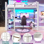 Loft Bed 90x200cm with LED Light & Storage Stairs, White Metal