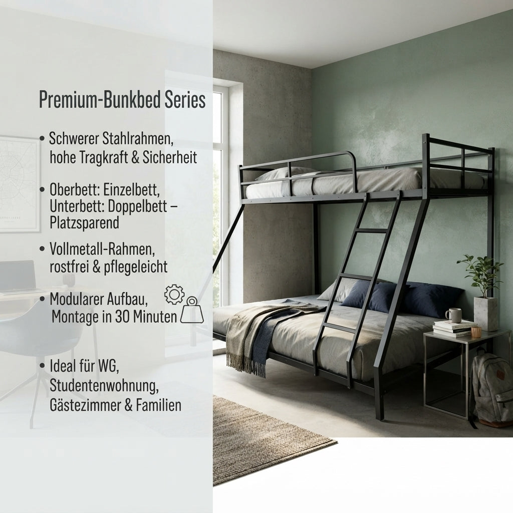 Space-Saving Bed Frame with Two Sleeping Places, Metal
