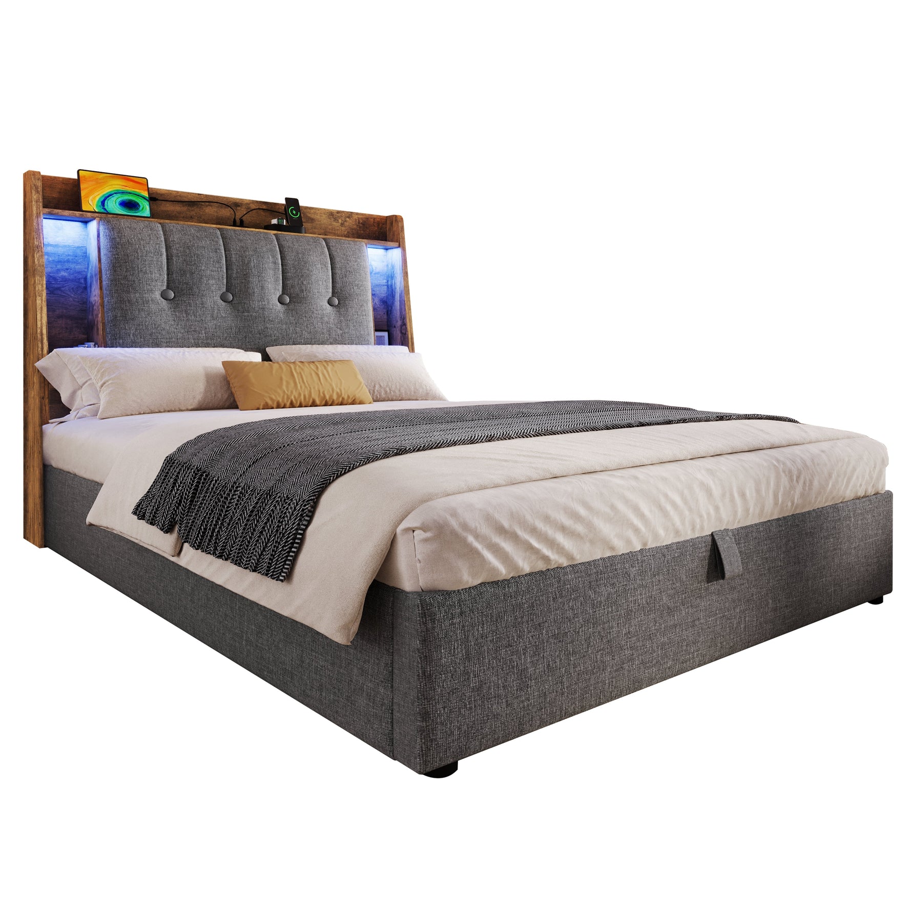 Upholstered Bed 90x200cm Flip-Top Storage LED USB/Type-C App Control - Linen Grey