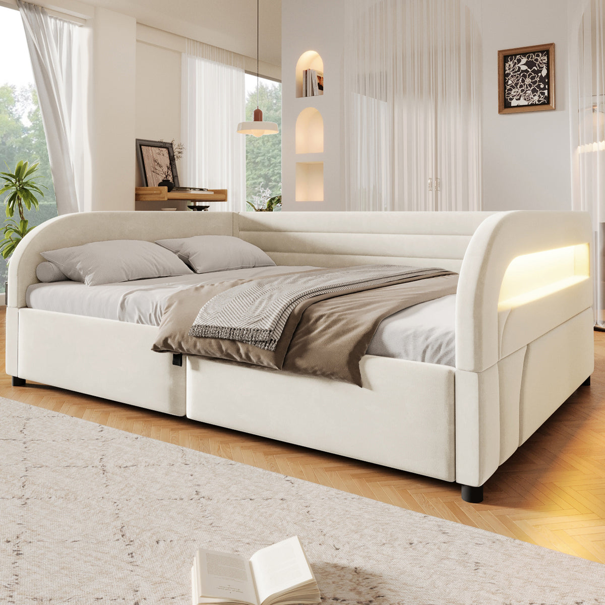 Upholstered Platform Bed 140x200, Hydraulic Storage & LED, Beige