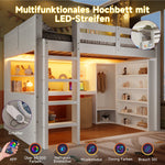 Loft Bed 140x200cm LED Lights Wardrobe Desk Drawers Storage - White