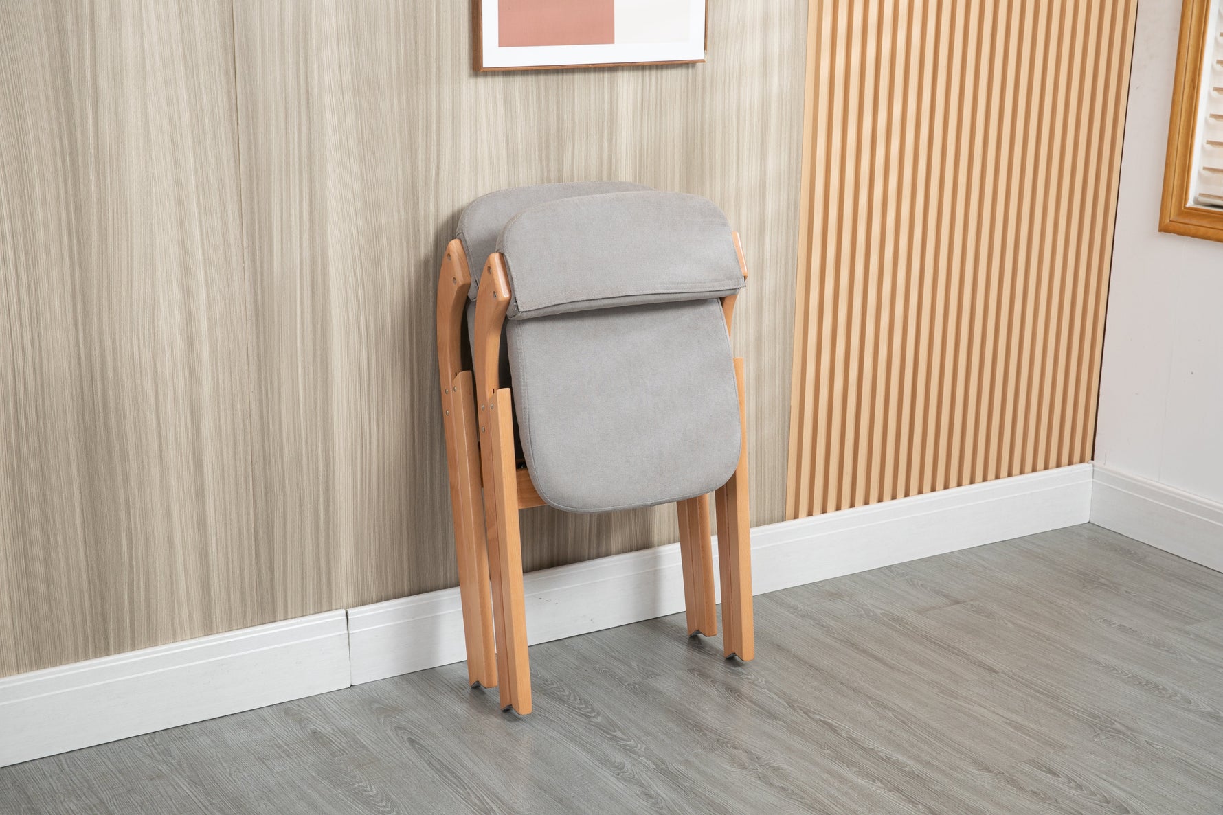 Folding Dining Chairs Set of 2 Padded Stackable Wooden Removable Cover Grey