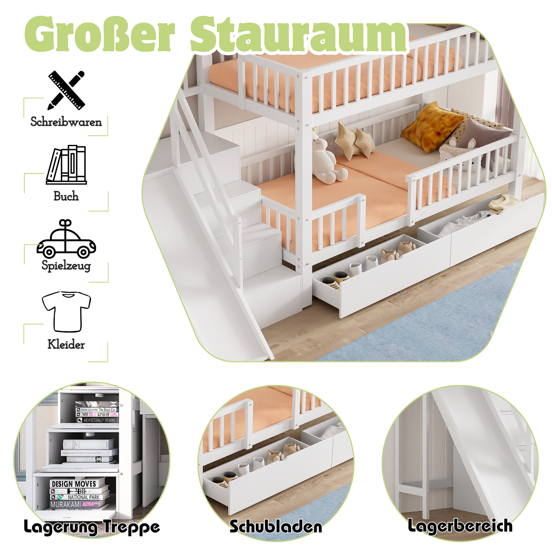 Children's Bunk Bed Multifunctional Slide Stairs 2 Drawers Solid Wood, White 90x200