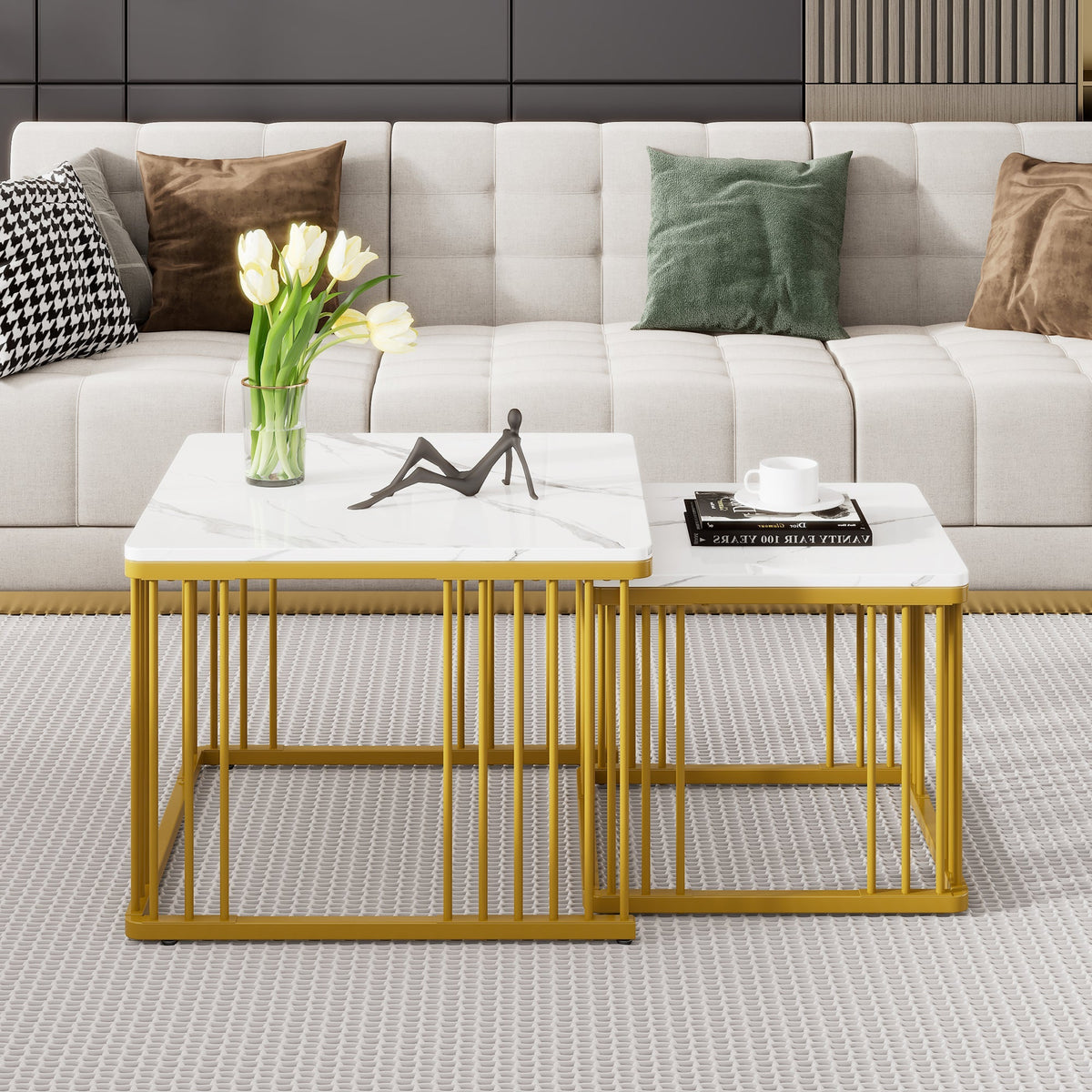 Nesting Coffee Tables Set of 2 Square Marble-Effect High-Gloss - Gold Legs