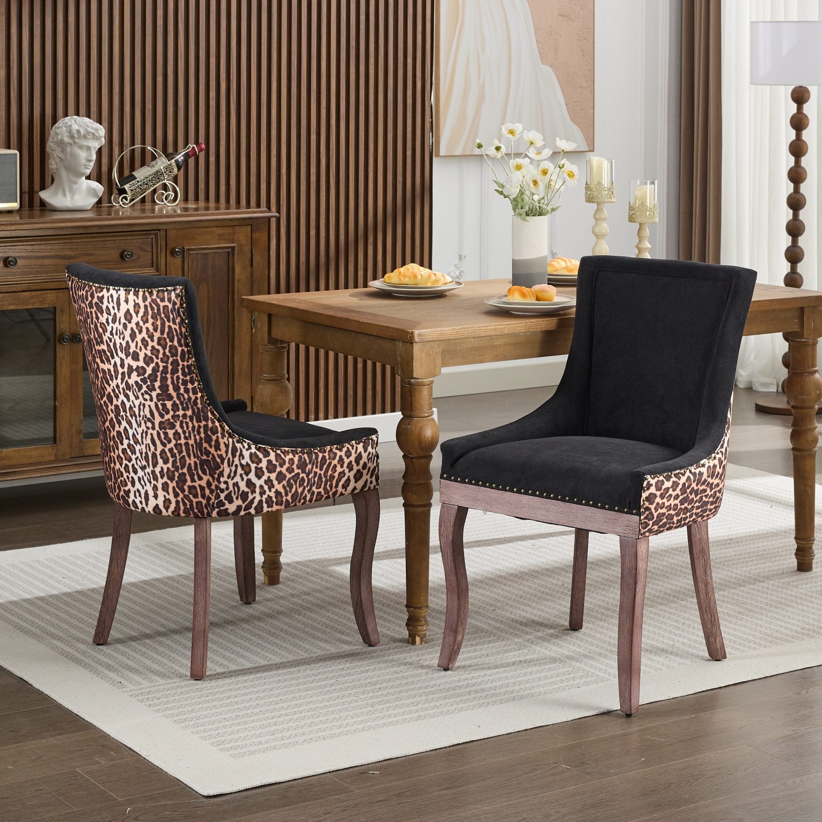 Ultra Side Dining Chair, Set of 2, Thick Fabric, Solid Wood Legs, Leopard Print Fabric