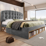 Upholstered Double Bed with Drawers, Storage and Adjustable Headboard, 140x190cm, Grey Velvet