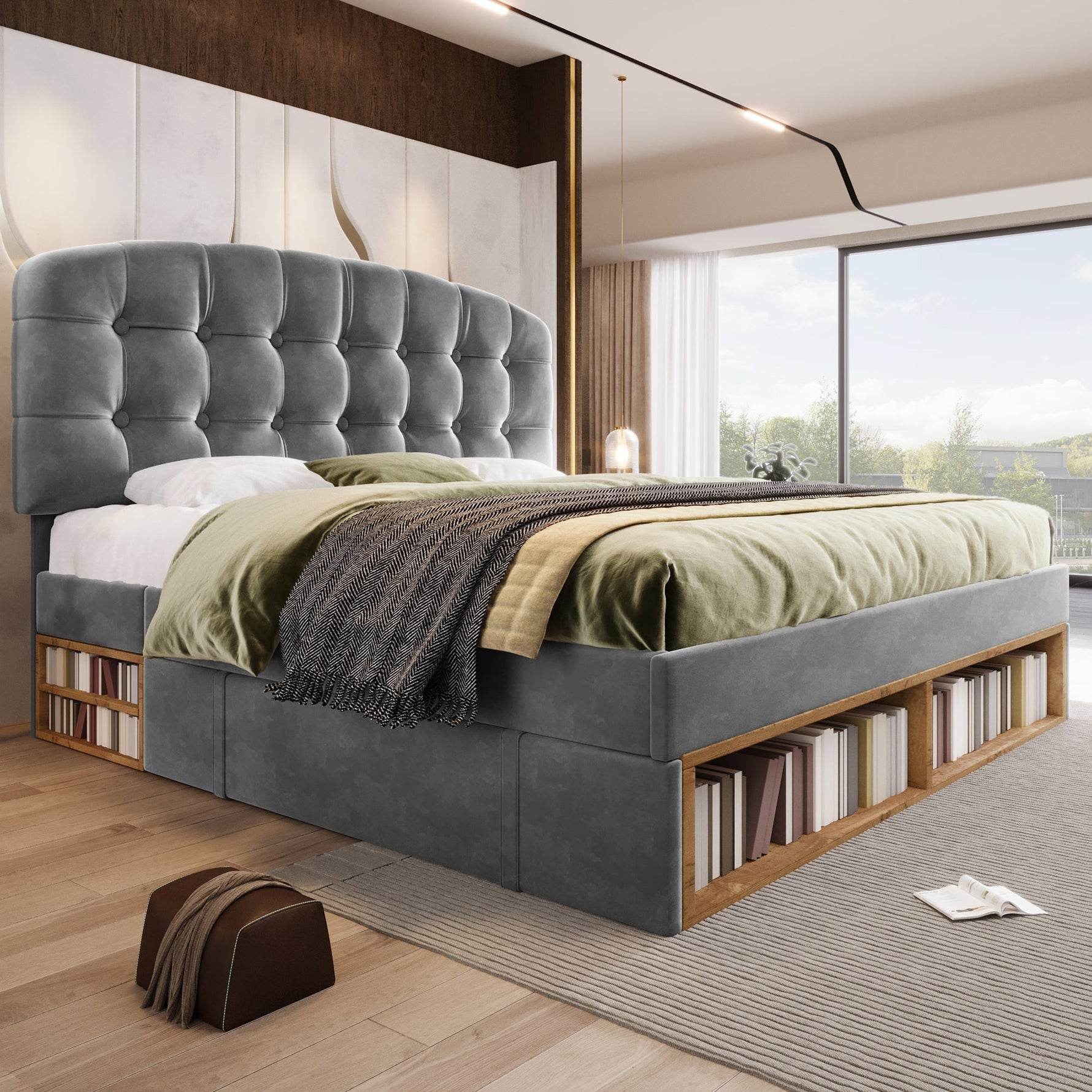 Upholstered Double Bed with Drawers, Storage and Adjustable Headboard, 140x190cm, Grey Velvet
