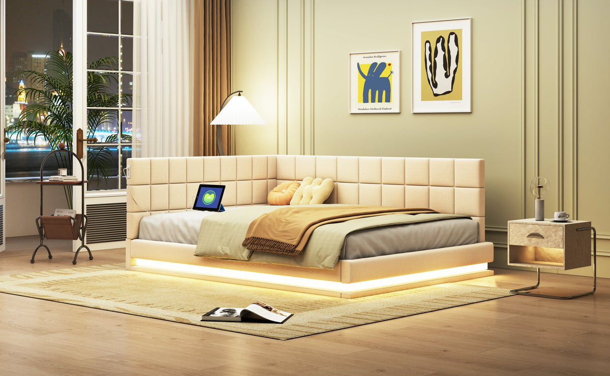 Upholstered Bed Sofa, 140x200 Multifunctional with LED & USB, Velvet Beige