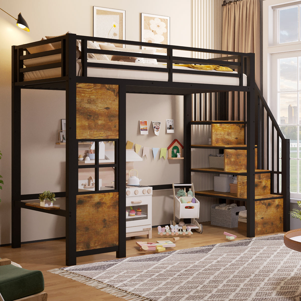 Loft Bed 90x200cm with Storage Ladder & Railing, Black Iron