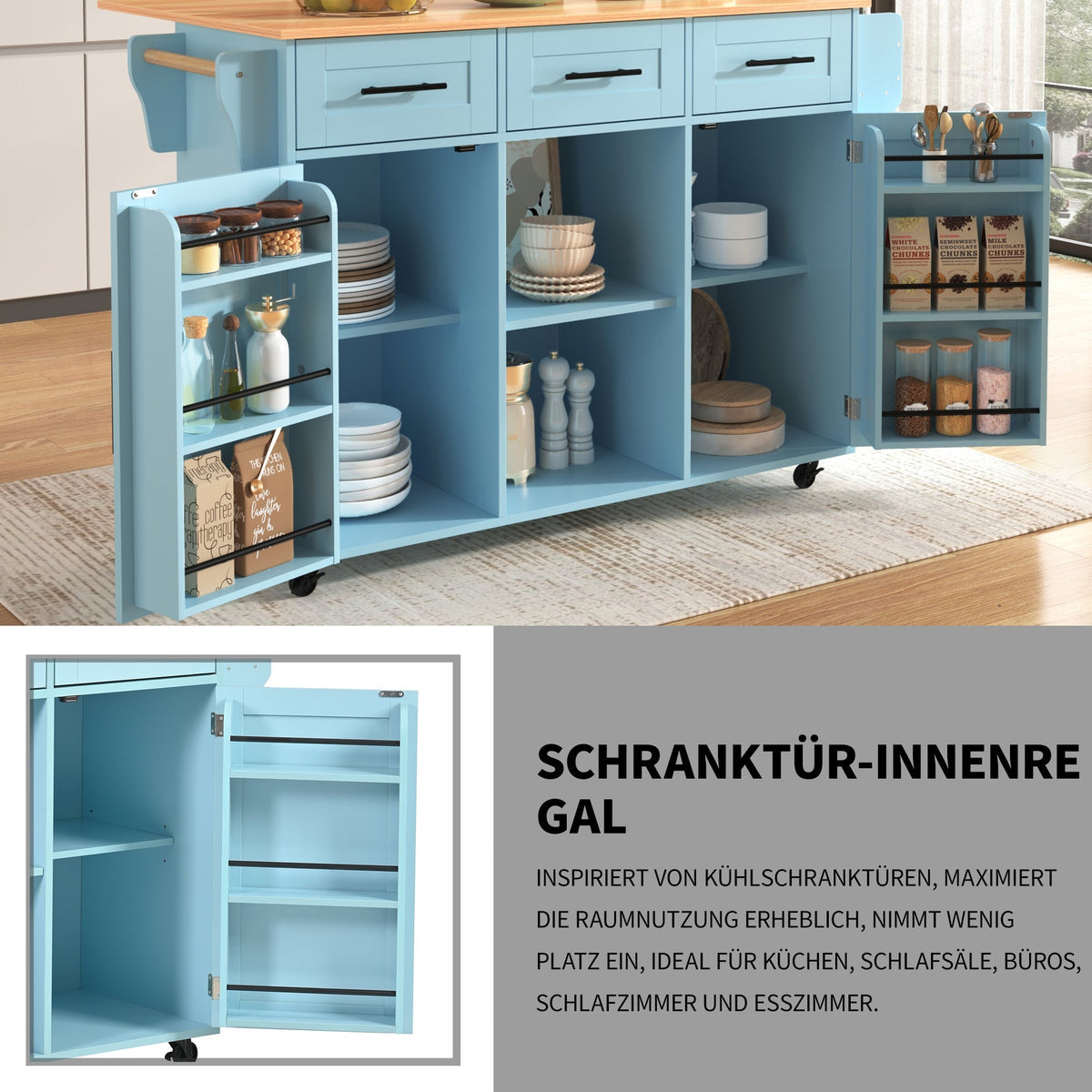 Dining Trolley Sideboard Extendable Fold-Down Worktop Storage Casters Blue/Solid Wood Grain