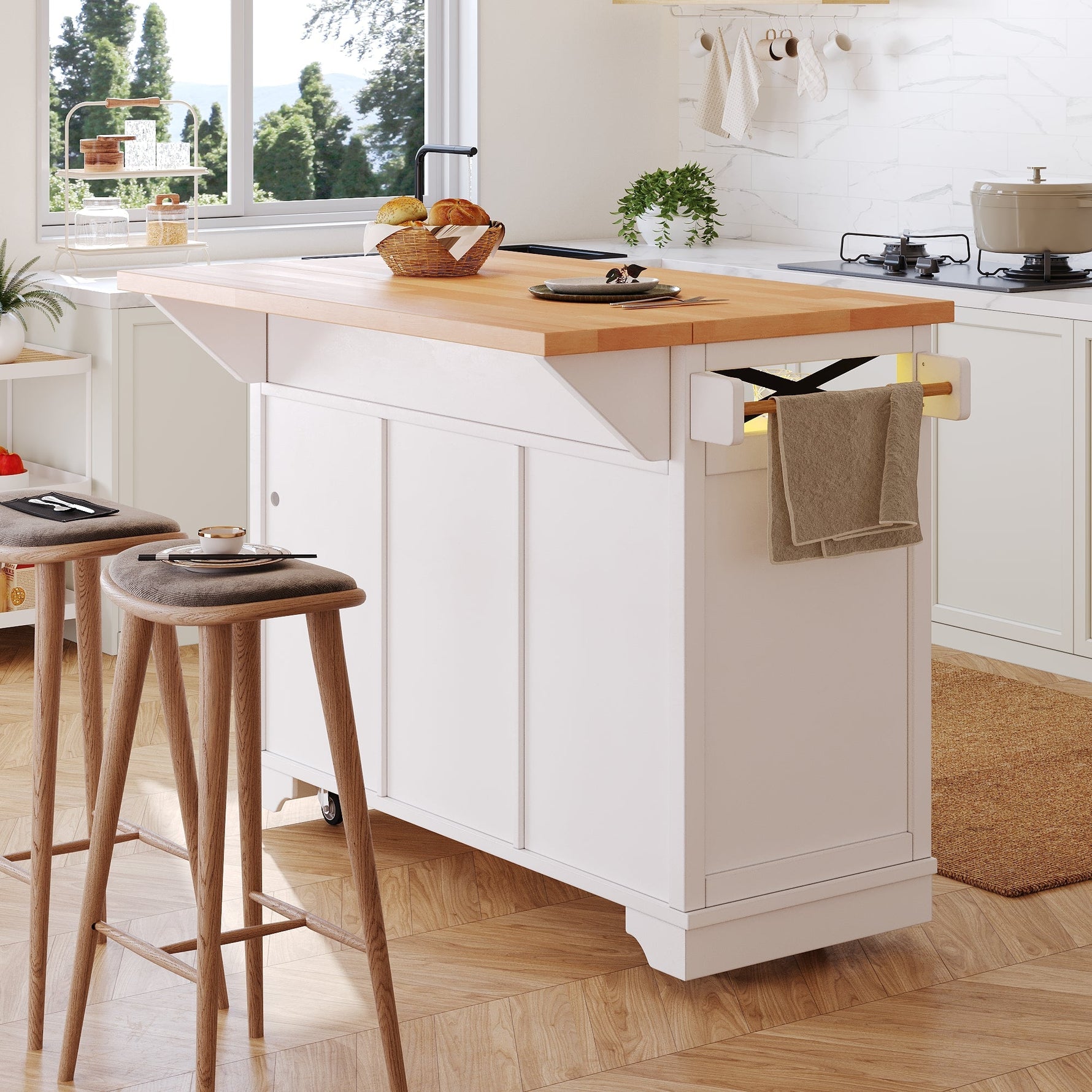 Multifunctional Kitchen Trolley App LED Folding Table 3 Drawers
