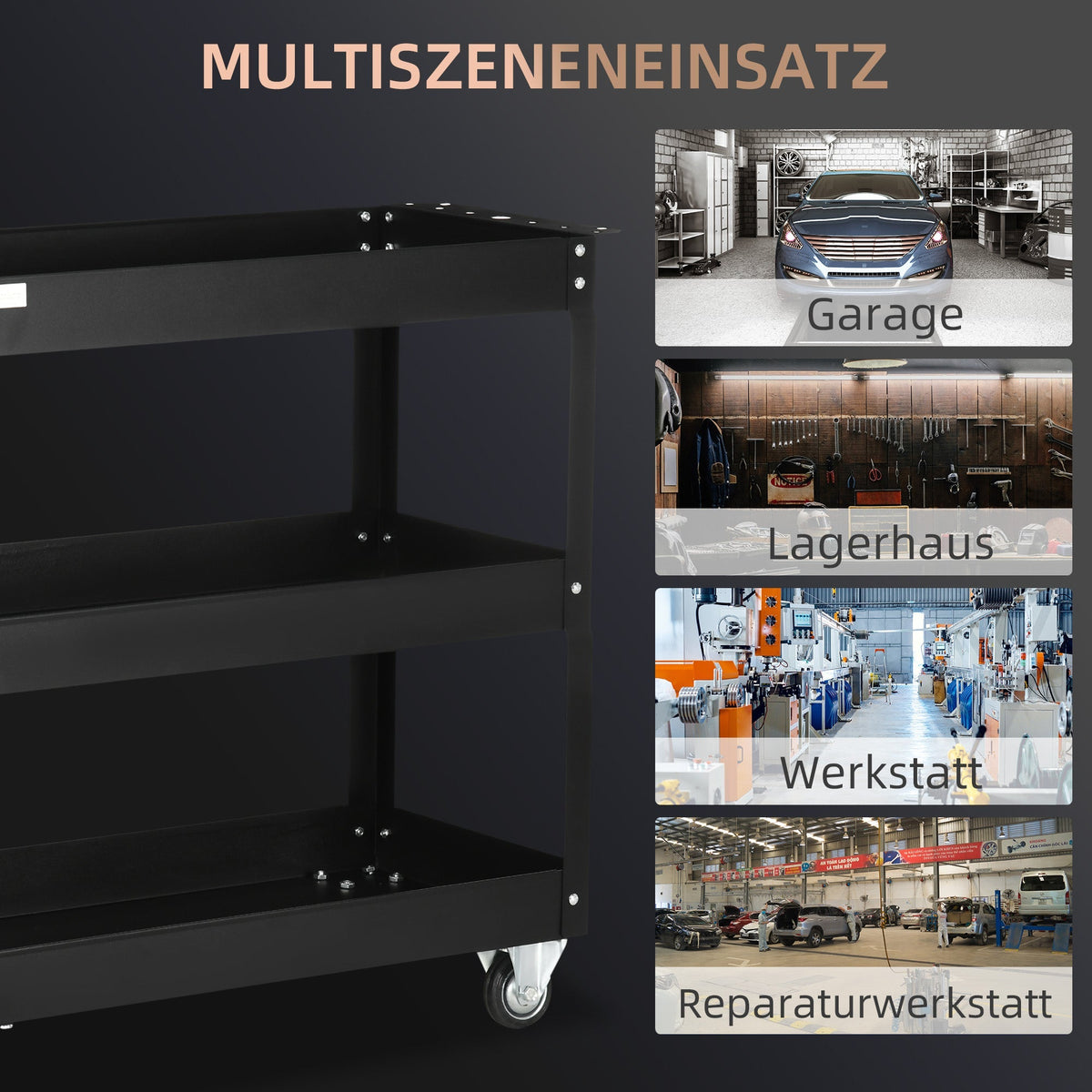 DURHAND Workshop Trolley, 3 Shelves, 150 kg, Black Steel