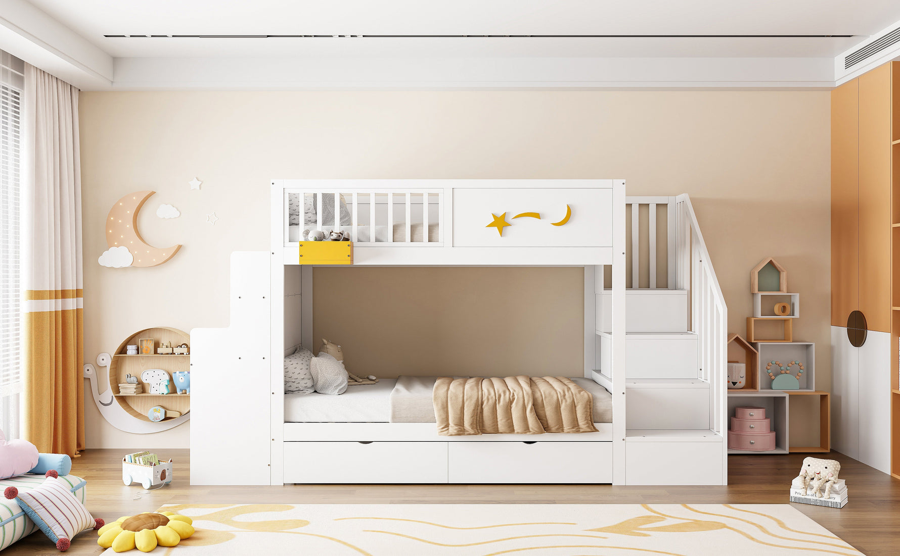 Bunk Bed with Storage Drawers, Safety Stairs, Desk and Star Motif, 90x200cm Solid Pine Wood, White