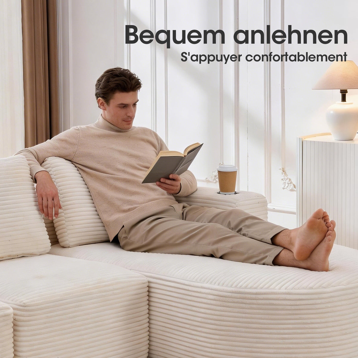 Double Sofa with 3 Pillows and 2 Cup Holders, 265cm Wide Fully Compressed, Feather and Plastic
