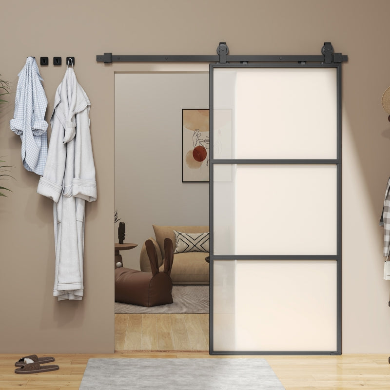 Sliding Door, Frosted Glass Soft-Close Track System, Steel Black