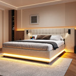 Upholstered Bed 180x200cm LED Headboard Spotlight USB - Linen Beige