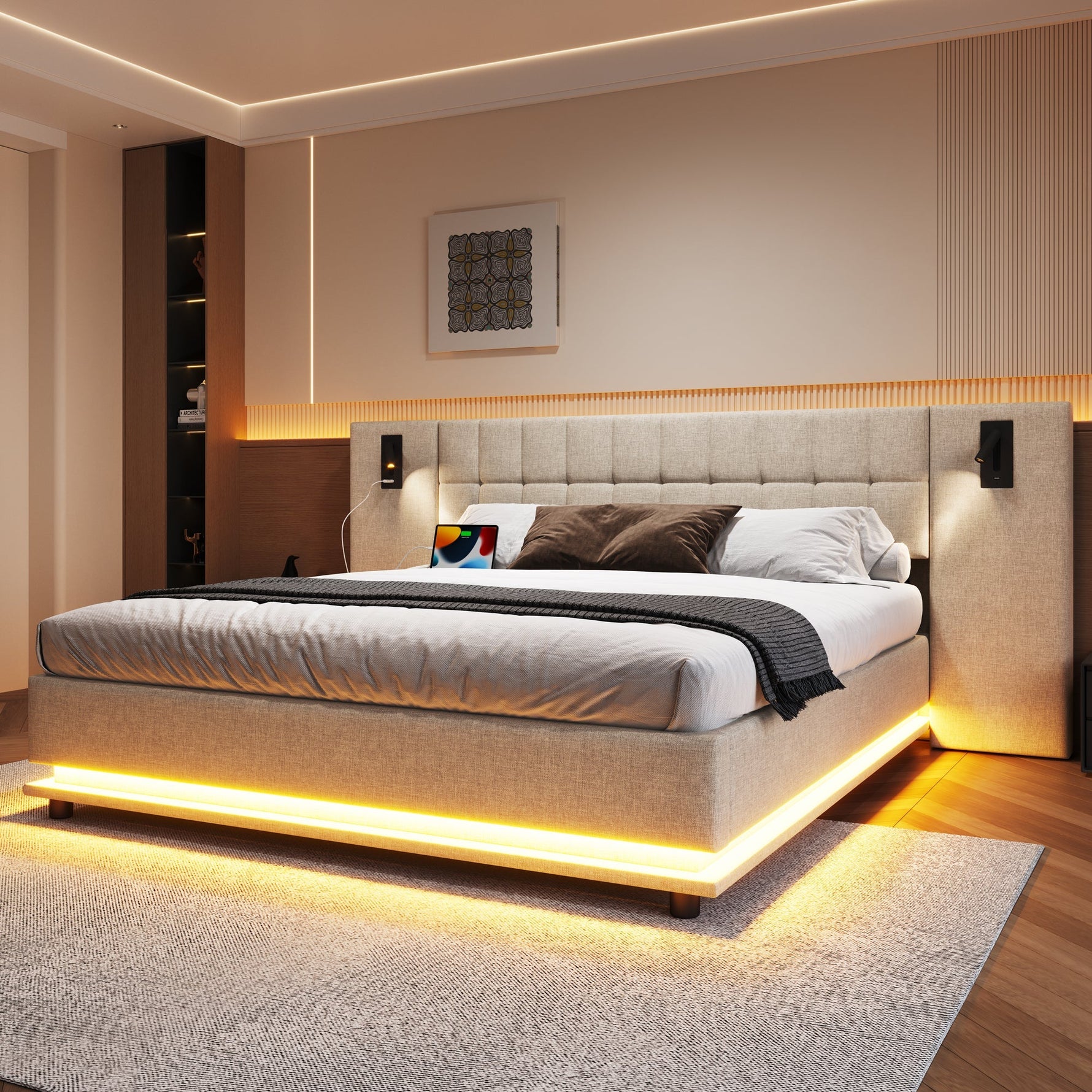 Upholstered Bed 180x200cm LED Headboard Spotlight USB - Linen Beige