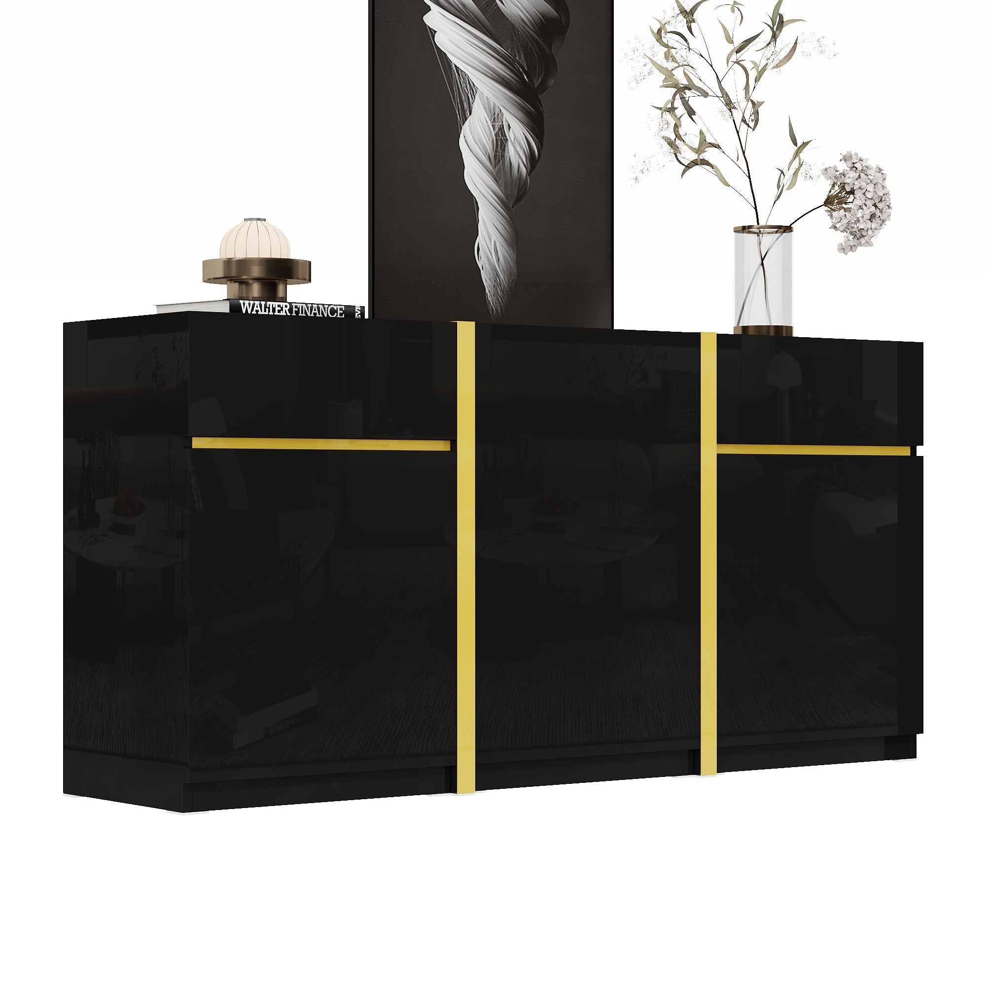 Luxurious Sideboard with 3 Doors and 2 Drawers, High-Gloss Lacquer Finish
