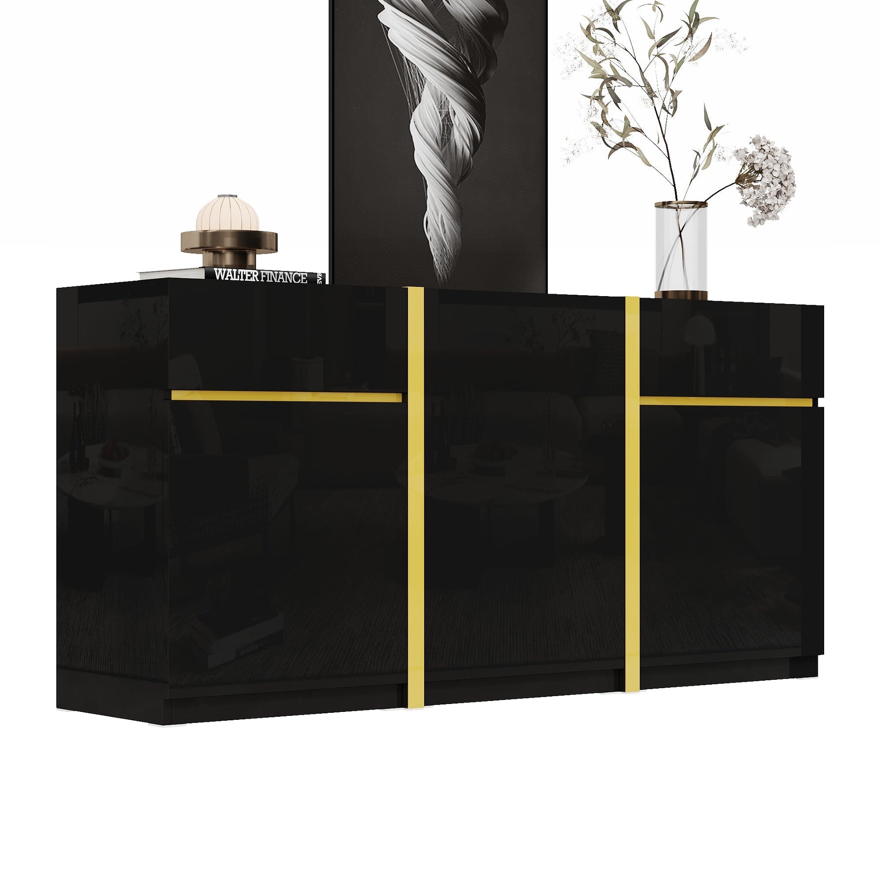 Luxurious Sideboard with 3 Doors and 2 Drawers, High-Gloss Lacquer Finish