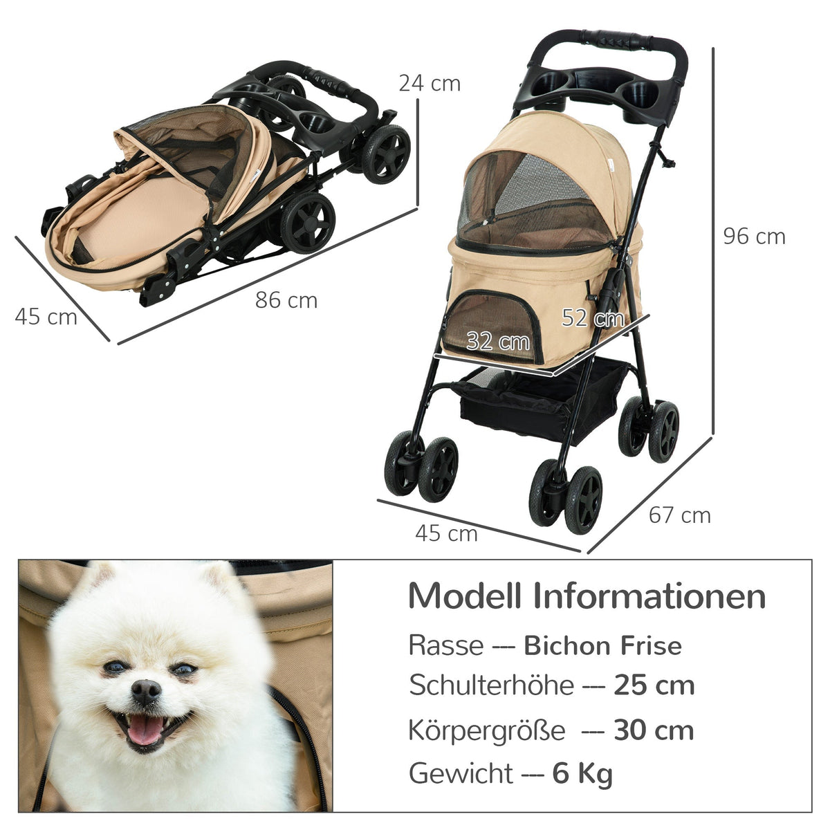 Dog Stroller, Folding Pet Stroller for Small Dogs and Cats, Oxford Khaki