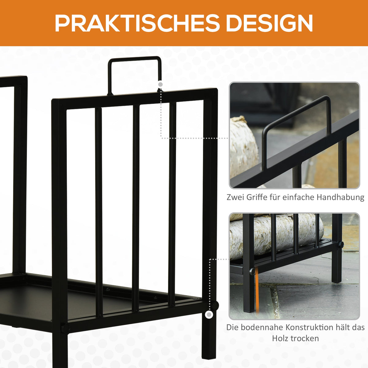 Firewood Rack, 50 kg Load Capacity, 2 Handles, Black