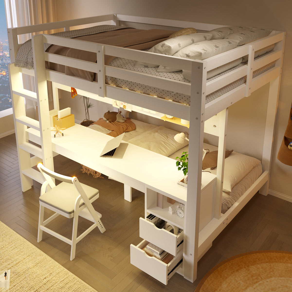 Loft Bed with Desk and Drawers, 90x200 & 140x200 cm, Pine Wood