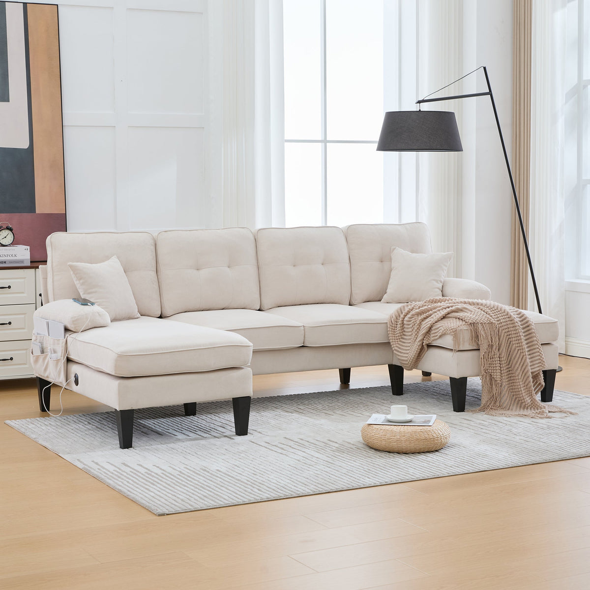 U-shaped Sofa Large 4-Seater Two Chaise Lounges Linen Fabric Beige