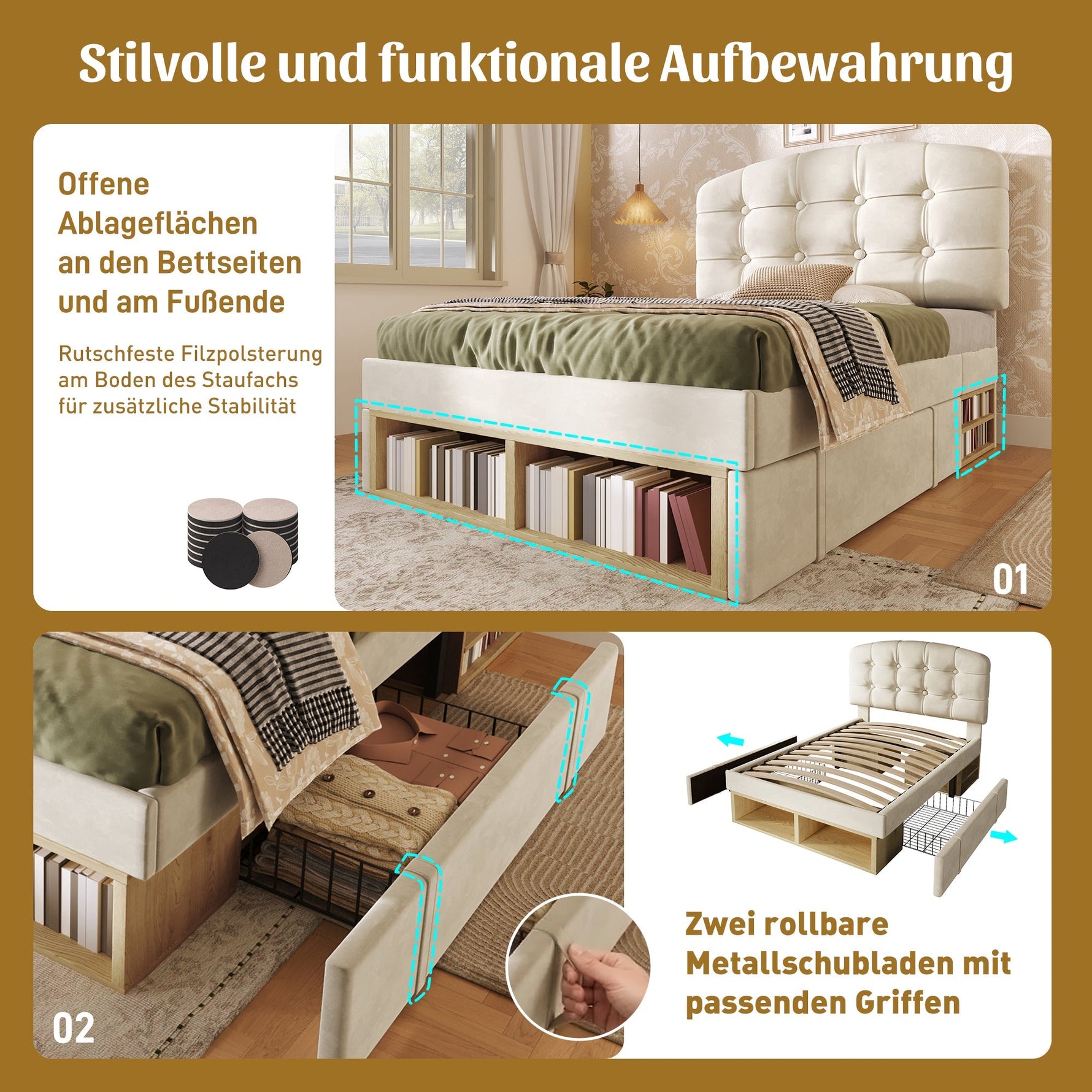 Upholstered Single Bed with Storage and Adjustable Headboard, 90x200cm, Beige Velvet