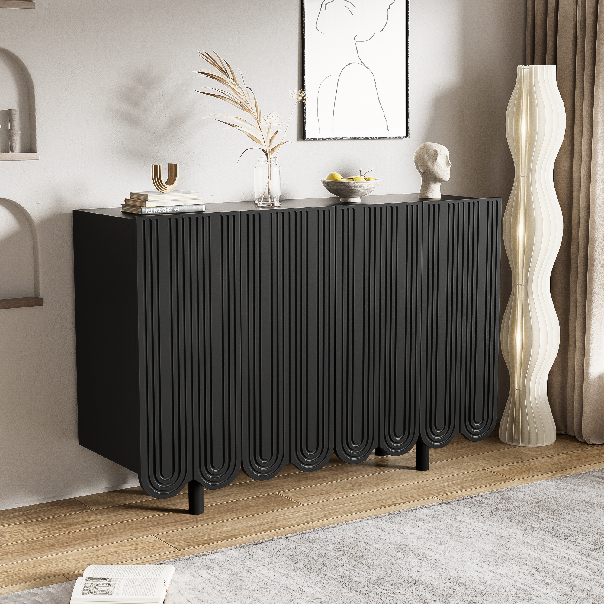 Sideboard with Teardrop-Shaped Molded Doors and Buffer Hinges