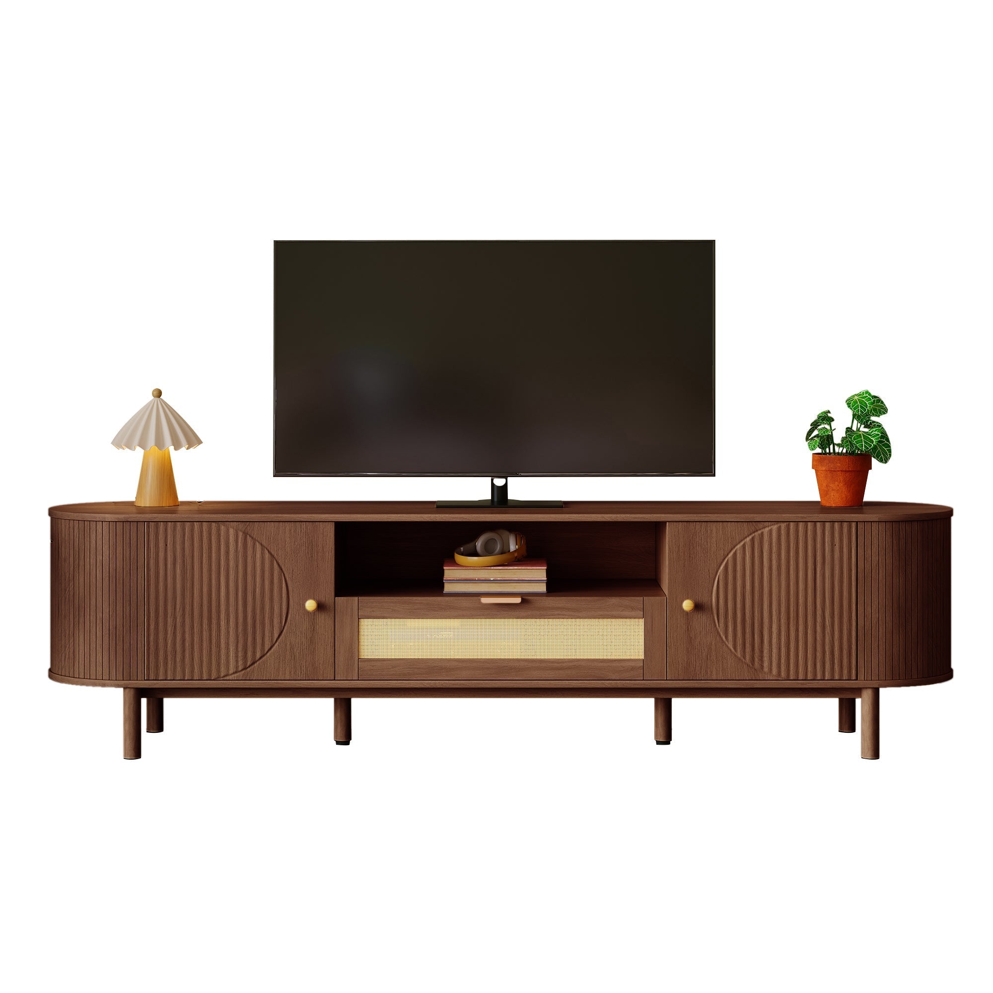 Modern TV Cabinet Rattan Drawers Open Shelves Rounded Top Wood Look Metal Legs