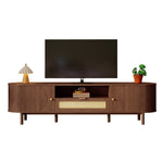 Modern TV Cabinet Rattan Drawers Open Shelves Rounded Top Wood Look Metal Legs