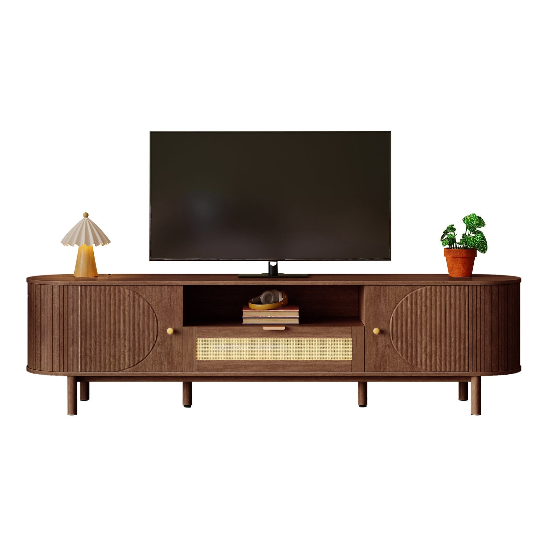 Modern TV Cabinet Rattan Drawers Open Shelves Rounded Top Wood Look Metal Legs