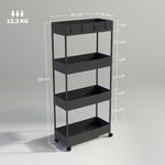 Rolling Cart, 4-Tier with Wheels & Brakes, Plastic Black