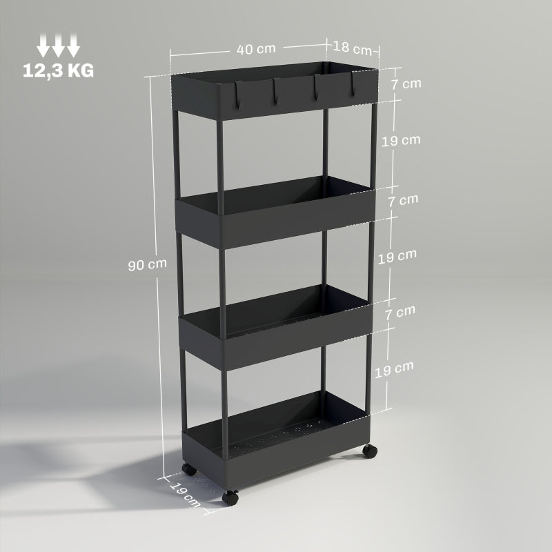 Rolling Cart, 4-Tier with Wheels & Brakes, Plastic Black