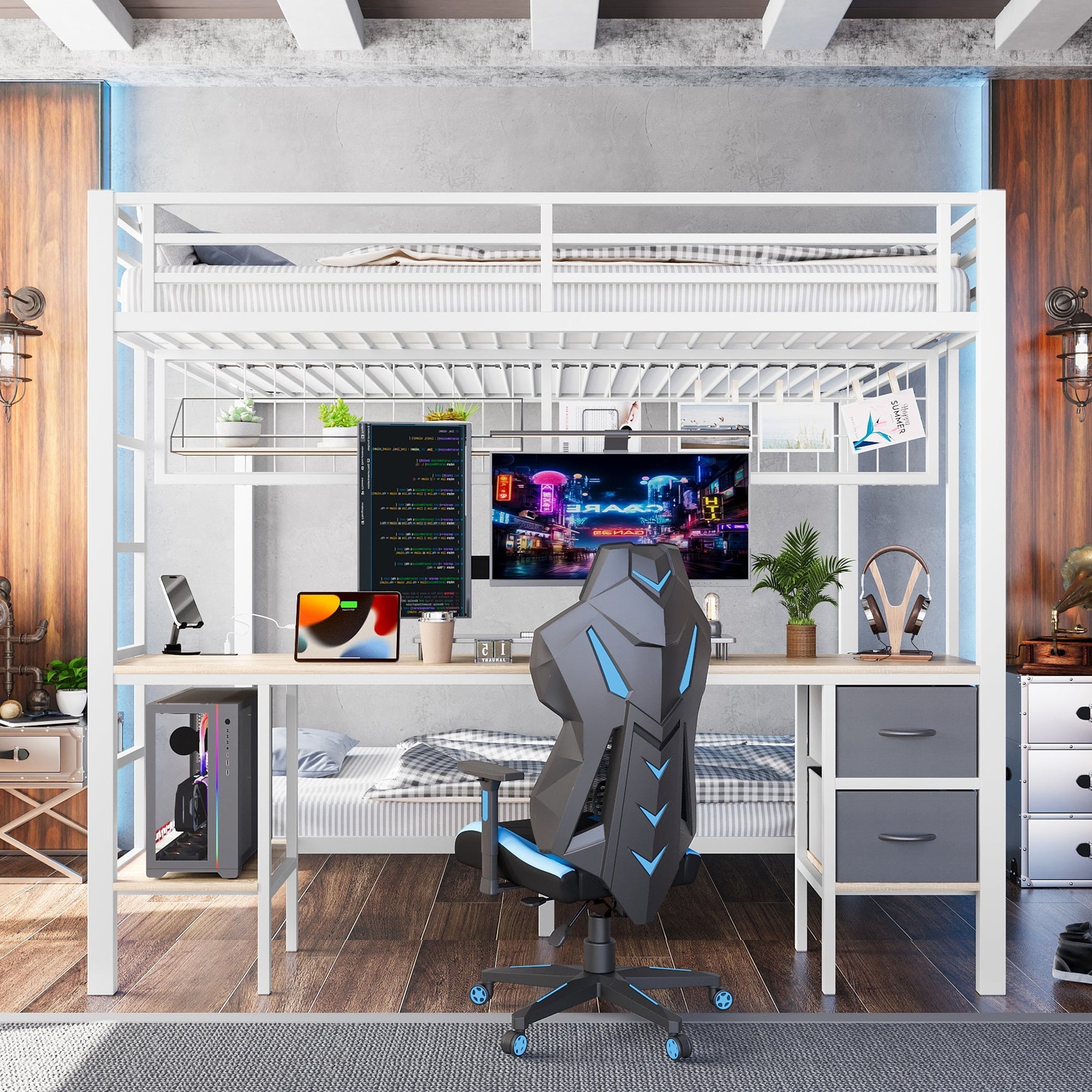Loft Bed Desk Storage Drawers LED USB - White Iron Frame