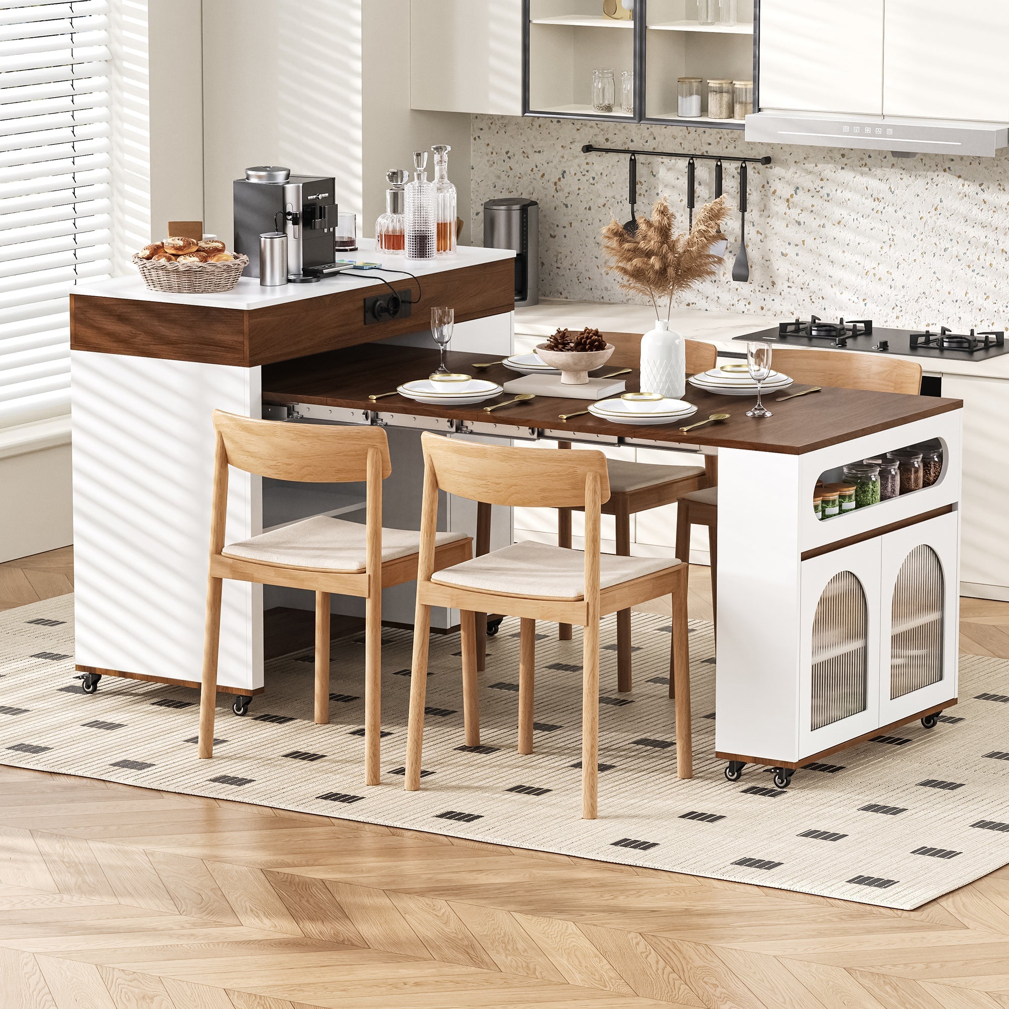 Kitchen Island Mobile Extendable Table Power Strips Ribbed Glass Storage - White/Walnut