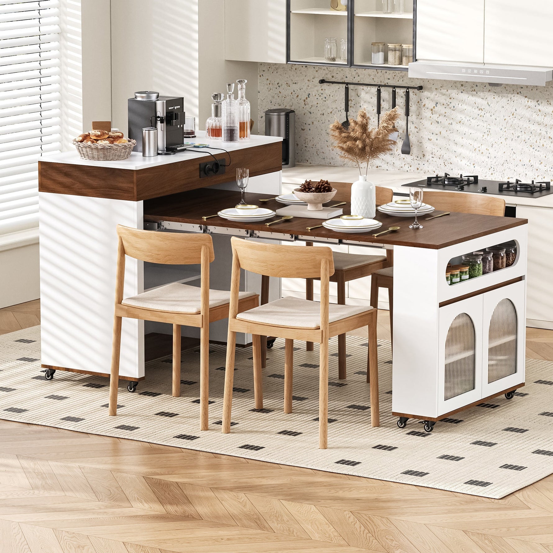 Kitchen Island Mobile Extendable Table Power Strips Ribbed Glass Storage - White/Walnut