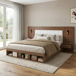 Double Bed with USB Charging Station, Reading Lamp and 2 Bedside Tables, 180x200cm, Walnut Wood Color