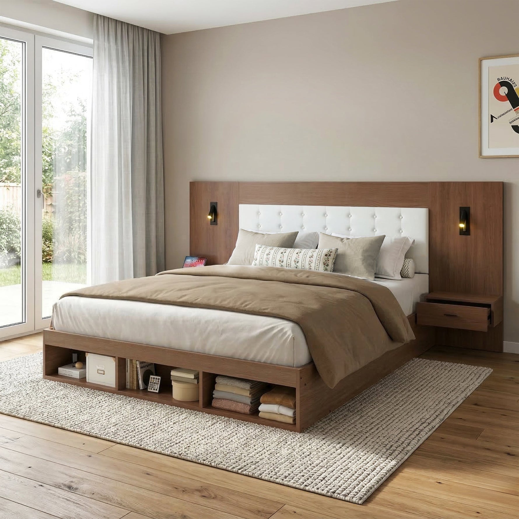 Double Bed with USB Charging Station, Reading Lamp and 2 Bedside Tables, 180x200cm, Walnut Wood Color