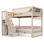Bunk Bed, Solid Wood 90x200cm with Safety Rail, Slatted Frame, Storage Ladder & Drawers, Wood Color
