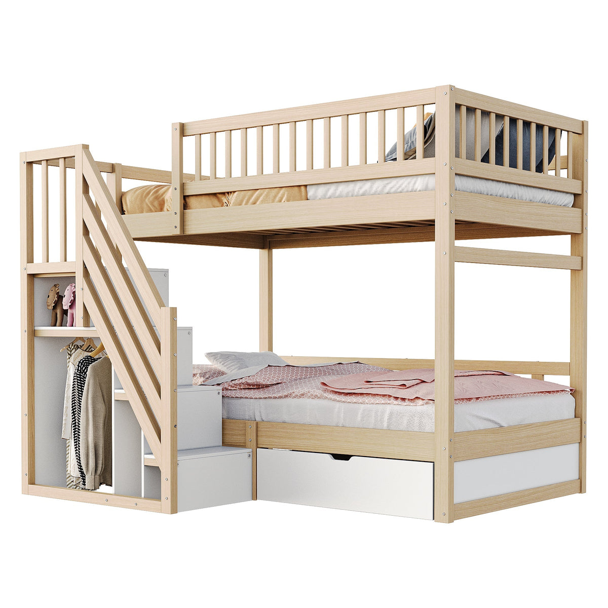 Bunk Bed, Solid Wood 90x200cm with Safety Rail, Slatted Frame, Storage Ladder & Drawers, Wood Color